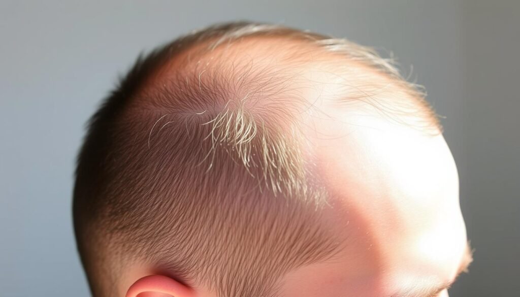 Thinning at temples and crown as signs of balding
